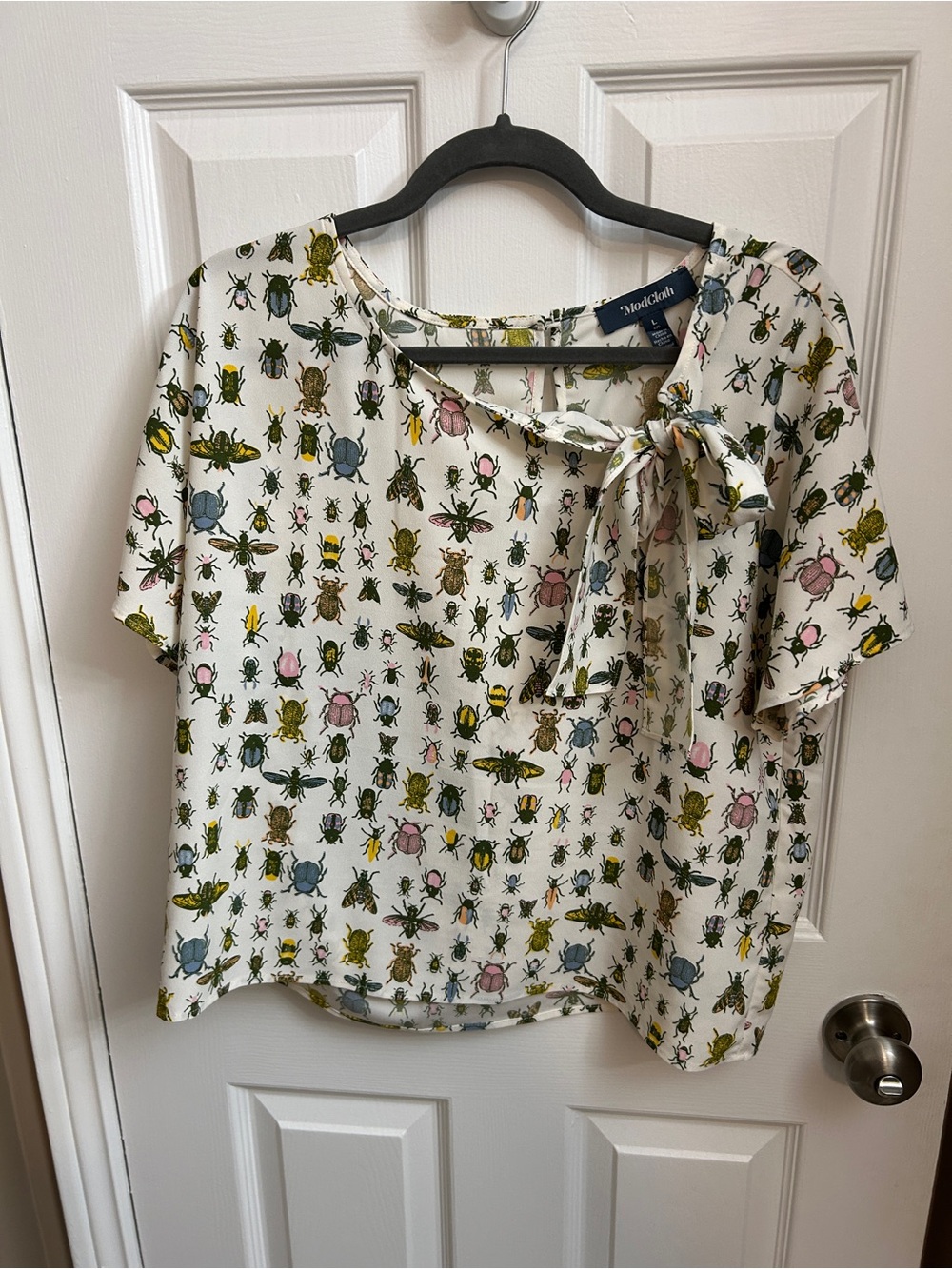 ModCloth Cream Beetle-Print Bow-Tie Blouse